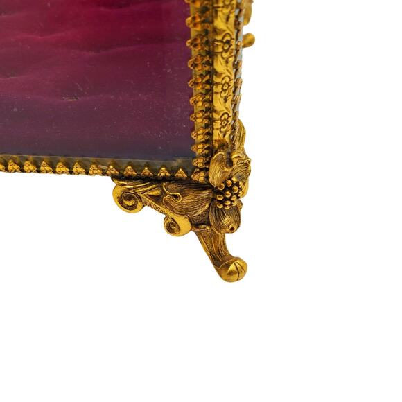 Matson Ormolu Jewelry Casket Box Dresser Vanity Case Gilt Metal Footed Burgundy - Picture 14 of 16